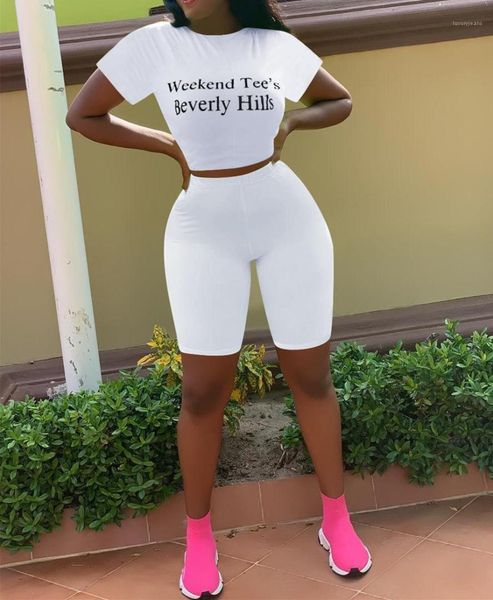 

neck clothing summer casual knee length tracksuits women letter print white 2pcs suits summer crew, Gray
