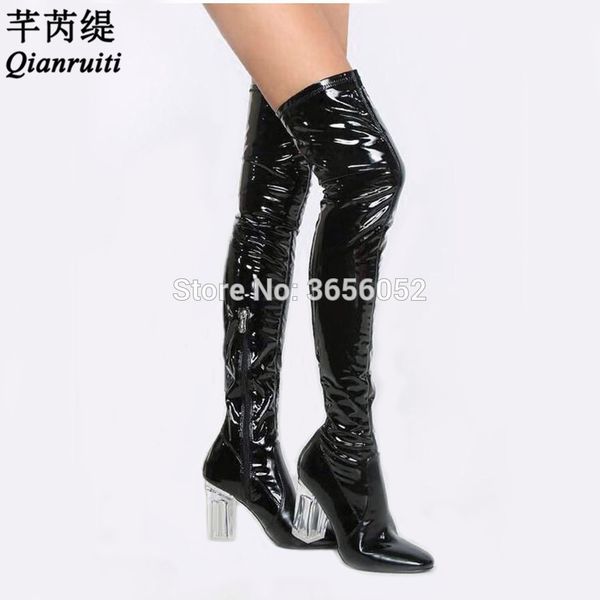 

qianruiti runway fetish shoes woman over the knee crotch boots women black red long rain botas block clear heel thigh high boots