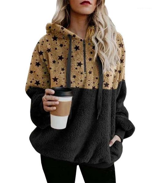 

thick sweatshirts casual female clothing winter womens designer hoodies star printed contrast color panelled zipper neck, Black
