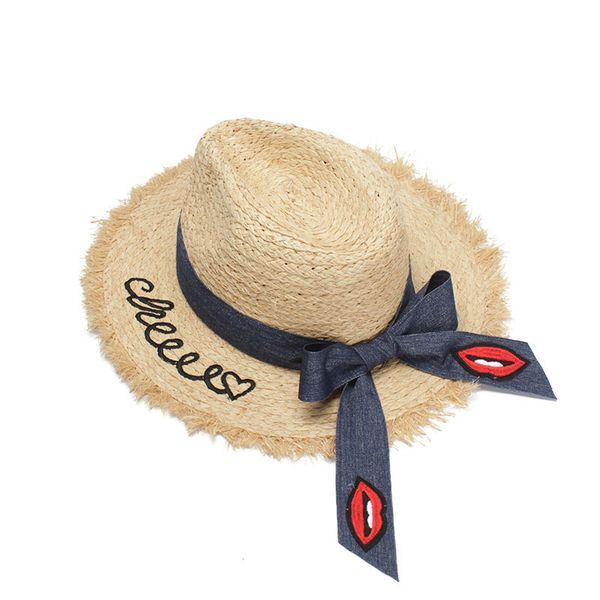 

wide brim hats ma'am fashion straw plaited article pull philippines grass sir hat letter embroidery bow ribbon sandy beach sun, Blue;gray