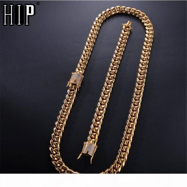 

1set hip hop iced out майами ожерелье + браслет rhinestone застежка золота нержавеющей стали 316l кубинский цепи ожерелья для мужчин ювелирн, Silver