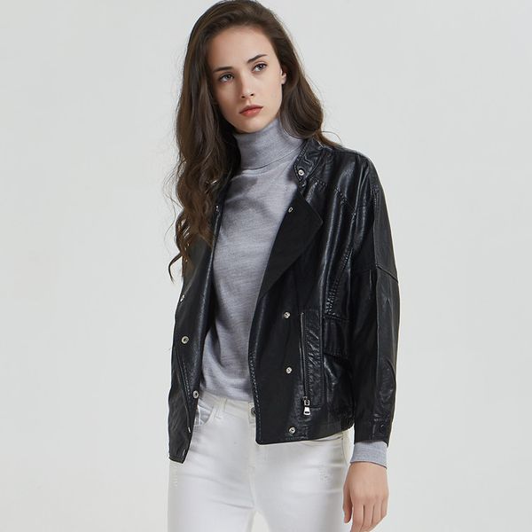 

spring and autumn new leather jacket women short korean bf wind big pocket small stand collar locomotive pu leather jacket jacket, Black;brown