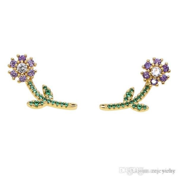 

2019 new tiny cute shiny multicolor yellow purple flower stud earrings for women sweet fashion tiny green cz ear elegant jewelry gift, Golden;silver