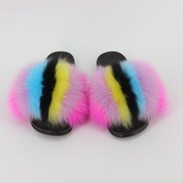 

slippers shoes women real fur slides house flat sandals cute home, Black