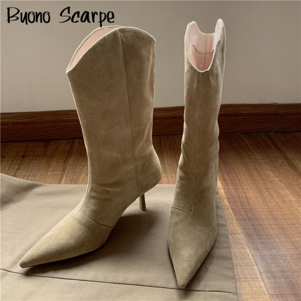 

strange thin heel women suede leather boots vintage party boots dress shoes pointed toe autumn winter med natural booties, Black