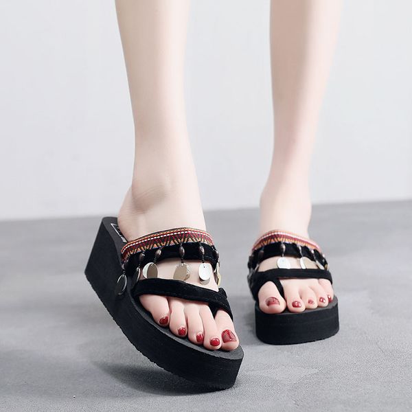 

women beach flip flips soft eva fringe slippers 2020 summer platform shoes woman fashion slides slip on ladies national sandals, Black