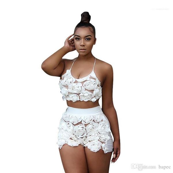

suits casual apparel women summer patchwork 2pcs pants fashion designer shorts set women halter lace, White