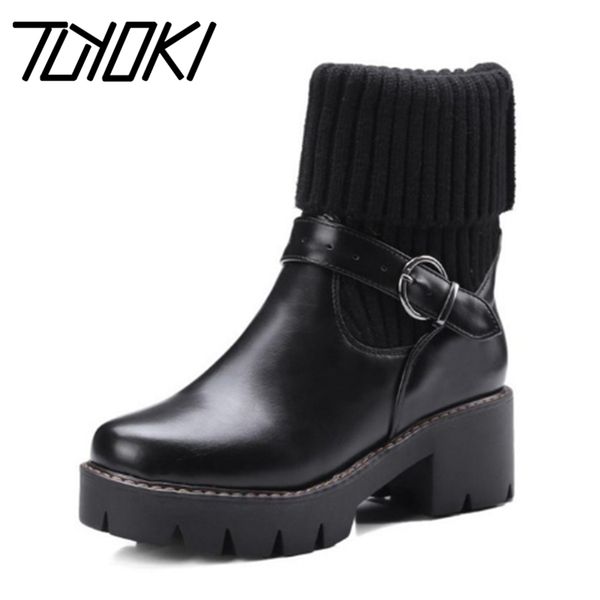 

tuyoki women mid calf boots winter fur shoes woman patchwork knitting high heel boots buckle platform warm shoes size 32-43, Black