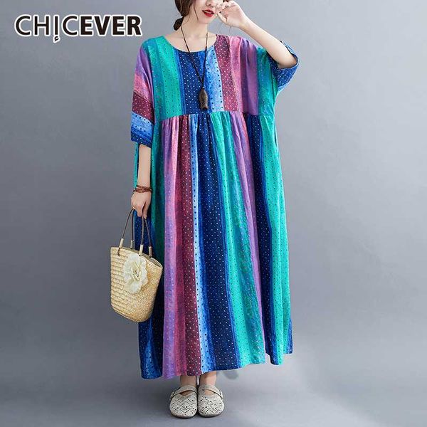 

chicever striped hit color dresses for women o neck half sleeve ruched loose casual maxi dress female 2020 summer fashion new, Black;gray