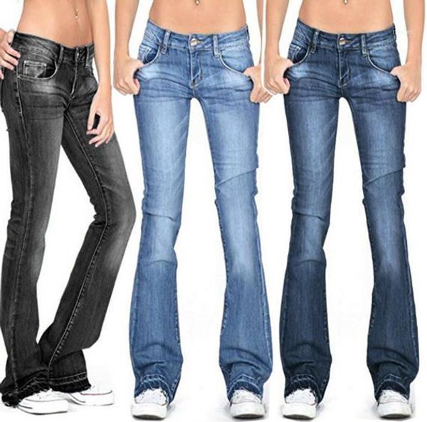 

fashion plus size solid color jeans womens designer jeans casual bleached flare long pants womens, Blue