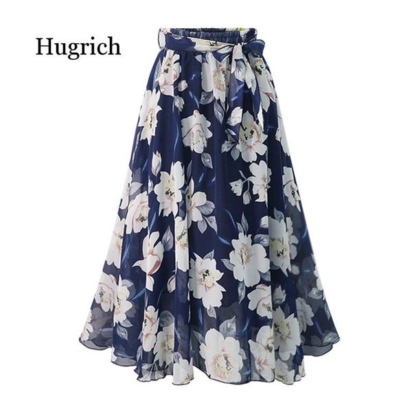 

skirts plus size women chiffon skirt europe fashion bow saia midi lining jupe femme lace up falda mujer summer print floral, Black