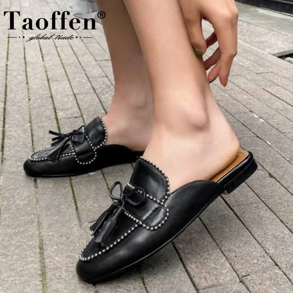 

taoffen woman flat heel slipper real leather bow-tie women summer shoes casual outdoor woman footwear size 33-41, Black