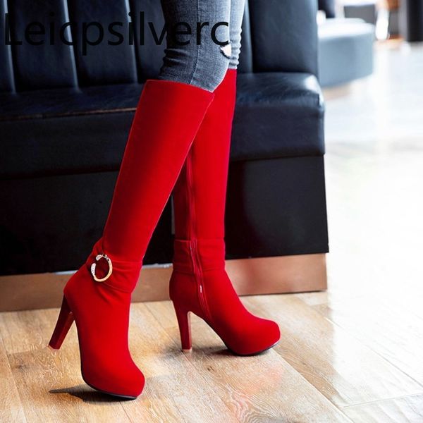 

women's boots the new autumn and winter fashion round head zipper high heel high tube women's shoes plus size 32-43 10cm, Black