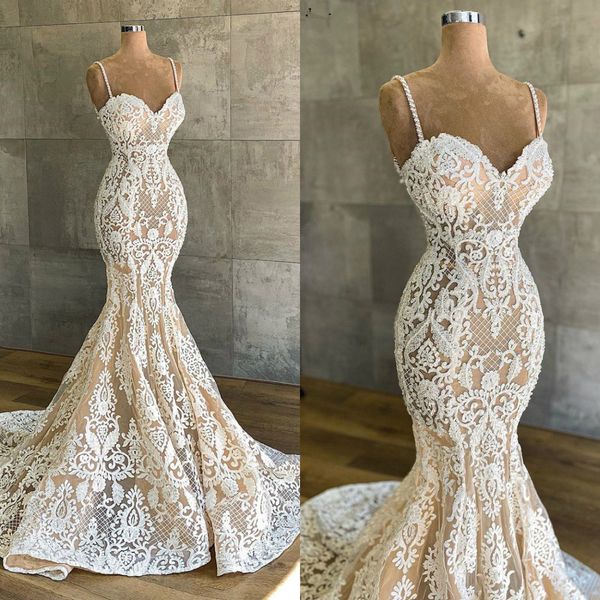 

full lace beaded wedding dresses mermiad beach wedding gowns spaghetti strap garden vestido de novia boho bridal gowns, White