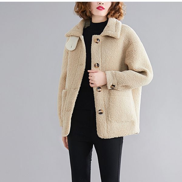 

lamb fur thicken women coat button v-neck turn-down collar solid pocket lady female outwear coat, Black
