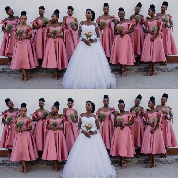 

pink african bridesmaid dresses off the shoulder plus size wedding party dress tea length robbons vestido de fiesta de boda, White;pink
