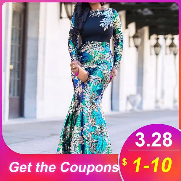 

casual dresses vintage green long sleeve mermaid sequins dress sparkly elegant plus size shiny party evening african for women, Black;gray