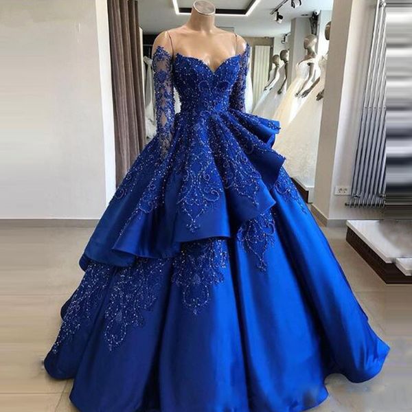 Nuovi abiti da ballo blu royal a maniche lunghe con abito da ballo e gonna staccabile Abito da sera lungo chic con perline di lusso Abiti per occasioni speciali