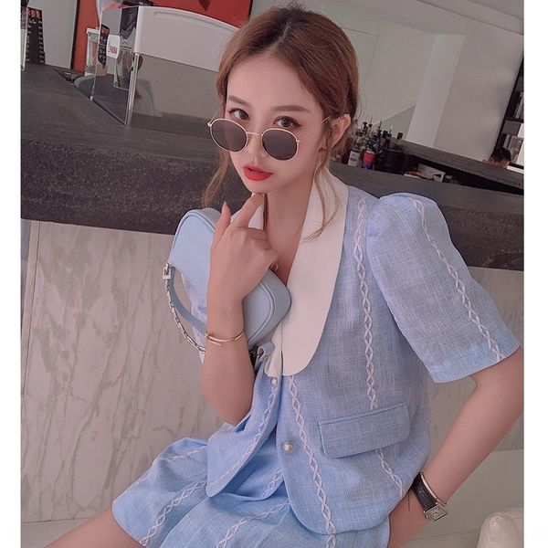 

летний светский темперамент изящные женщин способа clothingclothing короткие рукава из двух частей тонких модных грациозных мод костюма женщ, Gray