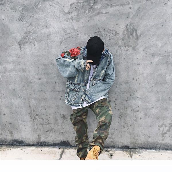 

spring new men's clothing denim jacket 3d rose flower embroidery vintage frayed hole coats high street hip hop outerwear, Black;brown