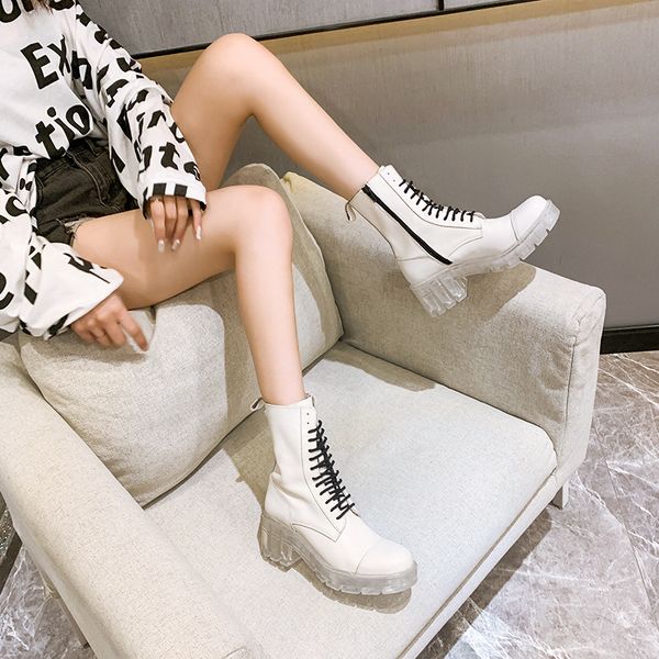 

new jelly transparent bottom white women's boots ankle winter shoes designer lace up women motorcycle boots, Black