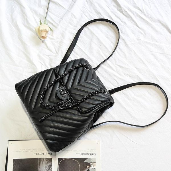 

2020 new fashion shoulder bags for women geometric plaid pu leather drawstring v black backpacks mx190708