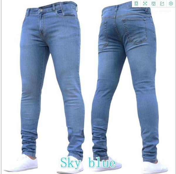 

casual fashionable mens pants mens designer solid color pencil pants zipper washed middle waist jeans slim, Blue