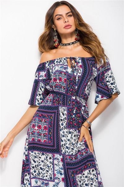 

slash neck 1/2 sleeve casual dresses woman designer clothing summer floarl printed bohemian dresses sexy, Black;gray