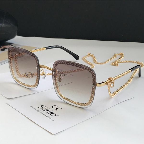 

4244 popular sunglasses women fashion square frameless with chain uv protection mixed color come with box, White;black