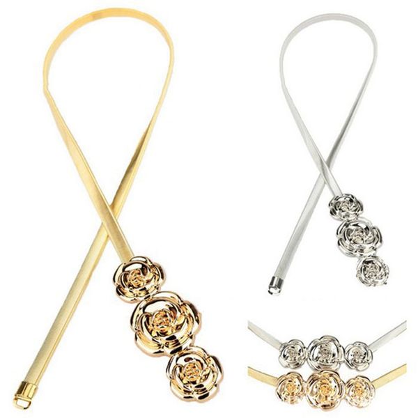 

elastic chain luxury women ladies belts designer brand decorated waist women metal roses flower belt, Black;brown