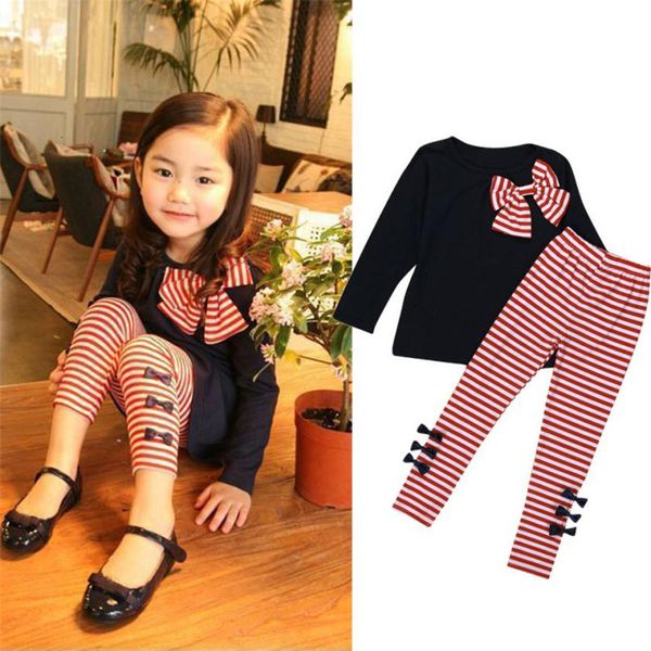 

2 colors cute 2pcs kids baby girls clothing long sleeve bowknot dress t-shirt+stripe pants set drop shipped st06, White