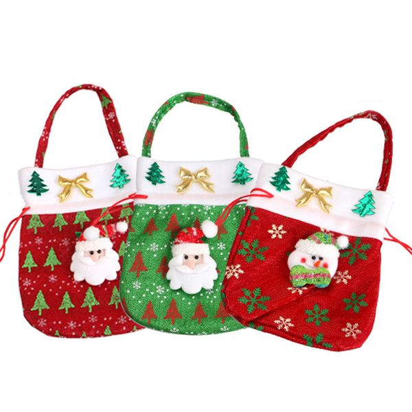 Sacchetto di caramelle natalizie Cartone animato in tessuto non tessuto Babbo Natale Pupazzo di neve Rosso Verde Borsa regalo per gioielli Borsa per snack natalizi per bambini