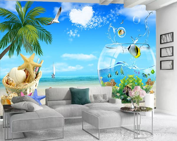 3D papel de parede moderno personalizado 3d seascape papel de parede Pequeno feijão starfish shells bonito vista mar sala de estar quarto hd wallpaper