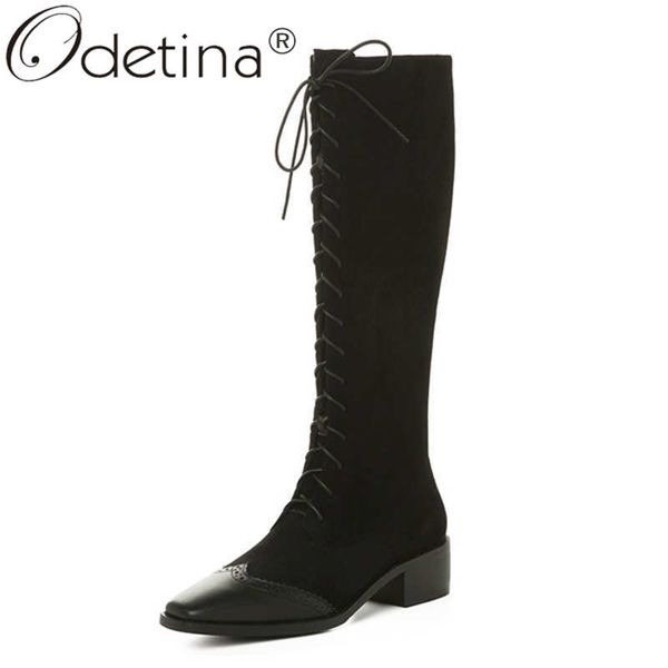 

odetina women new zip up cow leather winrer motorcycle boots female square toe block mid heel faux suede wingtip knee high boots, Black