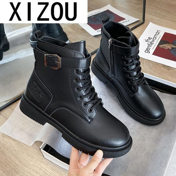 

2020 женщины ботильоны платформы круглый toe lace up и пряжки сапоги каблук для женщин zipper женщины моды обувь botas 35-40, Black