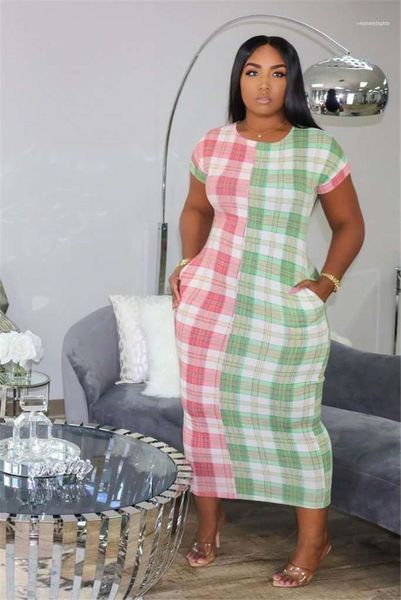 

снимите короткий рукав дама платье с карманами повседневной женщины платье женщины o шея плед платья летом, Black;gray