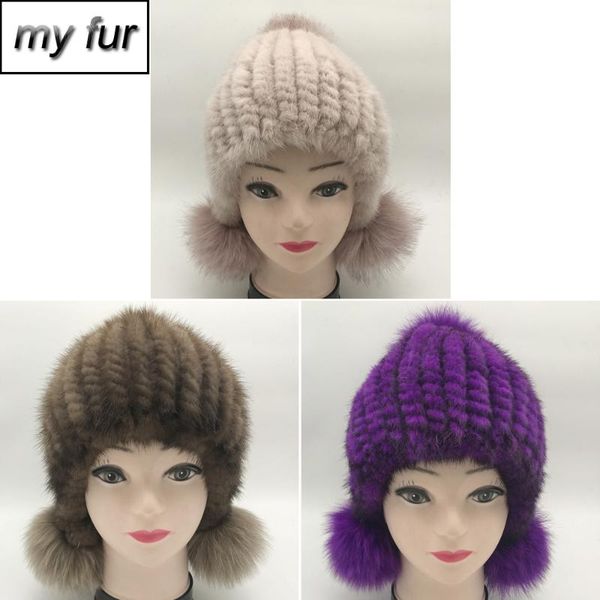 

2020 real hat with fur pompoms women brand thicken fur caps ladies winter elastic knitted real beanies hat, Blue;gray
