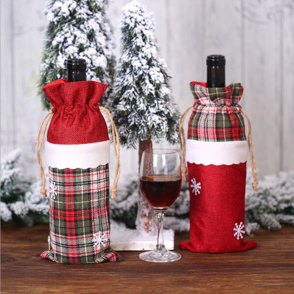 

new christmas decorations linen red wine cover christmas gift lattice wine bottle bag l home table supplies