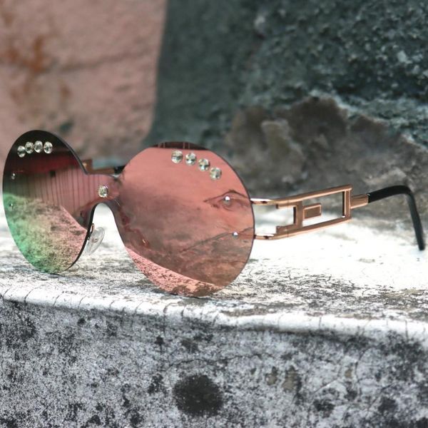 

2020 vintage fashion oversized rimless sunglasses women famous design diamond round sun glasses female nx, White;black