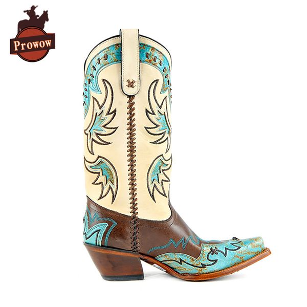 

prowow women western cowboy boots genuine leather designer handmade patchwork totem high heels corral mid-calf ladies boots, Black