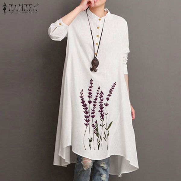 

elegant embroidery long women autumn floral blouse 2020 zanzea casual long sleeve shirts female button robe plus size tunic, White