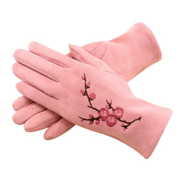 

women winter suede fabric plus velvet inside touch screen gloves plum embroidery elegant style female keep warm gloves, Blue;gray