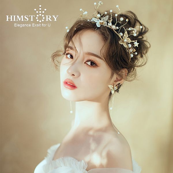 

himstory бабочка оголовье tiara золота ручной работы pearl волос корона головной убор люкс для волос ювелирные изделия свадебные аксессуары, Golden;silver