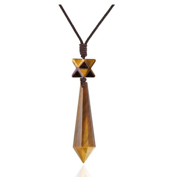 

fyjs unique handmade weave hexagon prism and merkaba star point pendant tiger eye stone necklace rock crystal jewelry, Silver