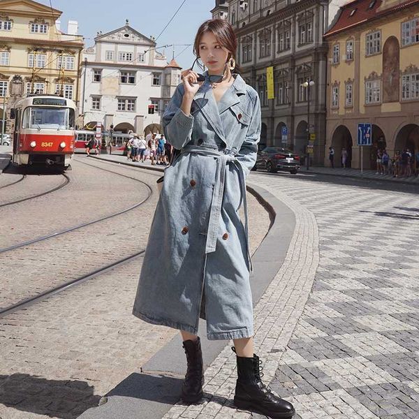 

denim windbreaker female european station long 2020 spring autumn korean loose casual fashion over knee trench women coat w92, Tan;black