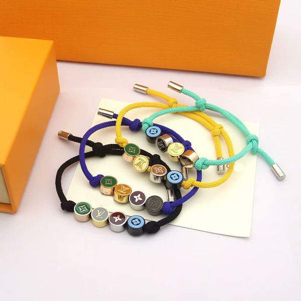 

europe america fashion men lady women pull-out rope bracelet bangle with 18k gold colored enamel v initials four round disk charms, Black