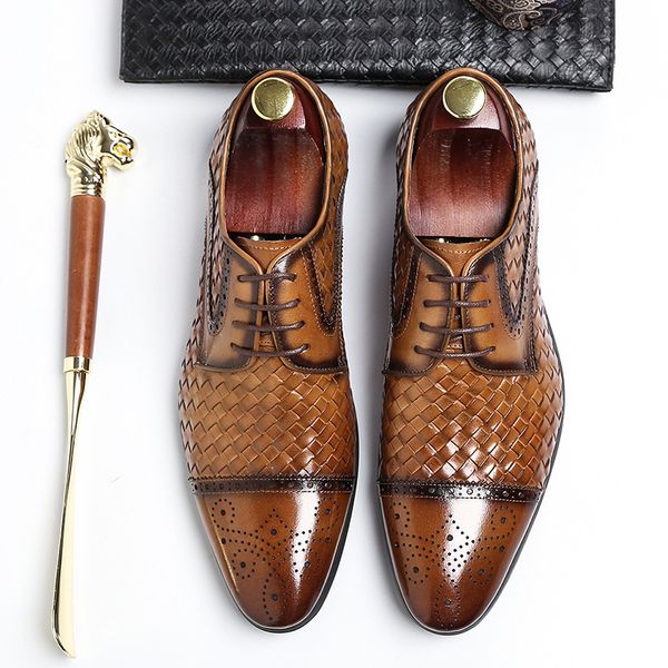 

british style pointed toe formal shoes men dress shoes fashion weave wedding men lace up handmade leather, Black