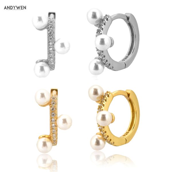 

hoop & huggie andywen 925 sterling silver 8.2mm pearl huggies 2021 mini hoops rock punk women piercing pendiente luxury jewelry, Golden;silver