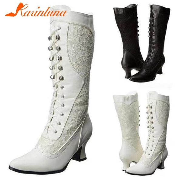 

boots karin 2021 large size 43 strange style mid calf woman shoes lace up pointed toe fashion lady, Black