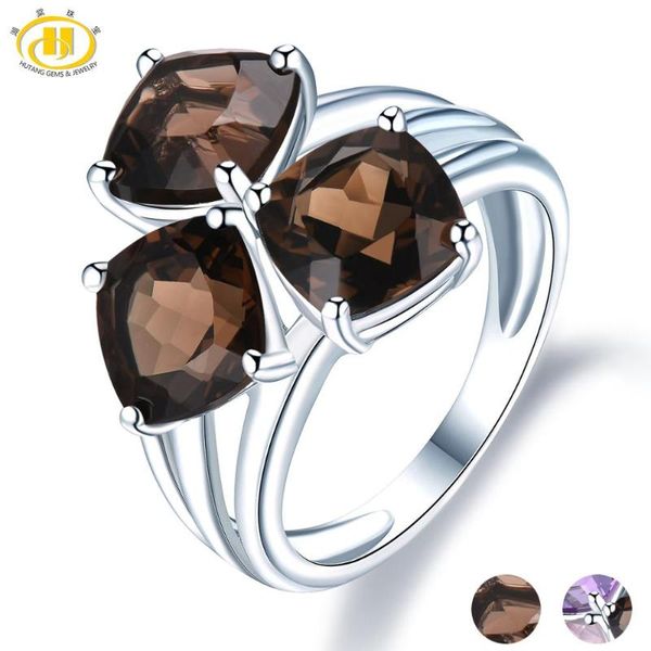 

cluster rings hutang 6.39ct smoky quartz wedding ring natural gemstone 925 sterling silver fine elegant classic jewelry for women, Golden;silver